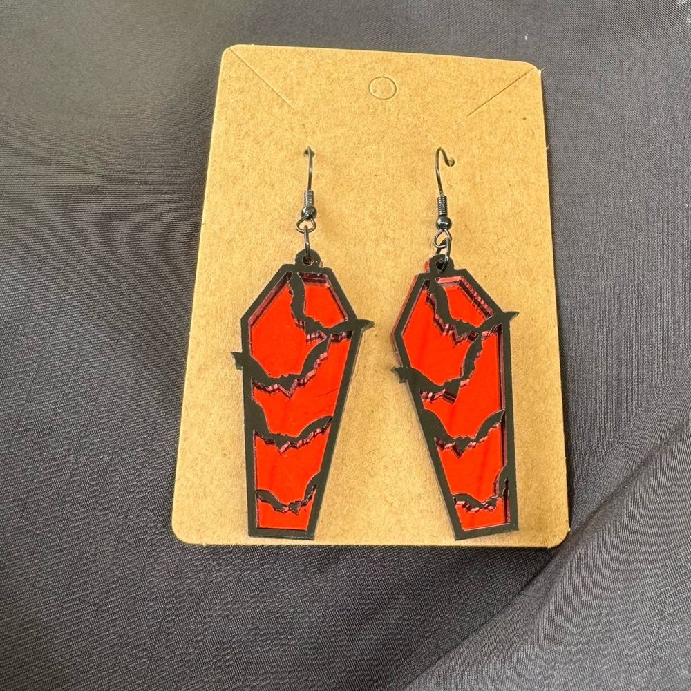 Red Coffin Fashion Earrings with Bats